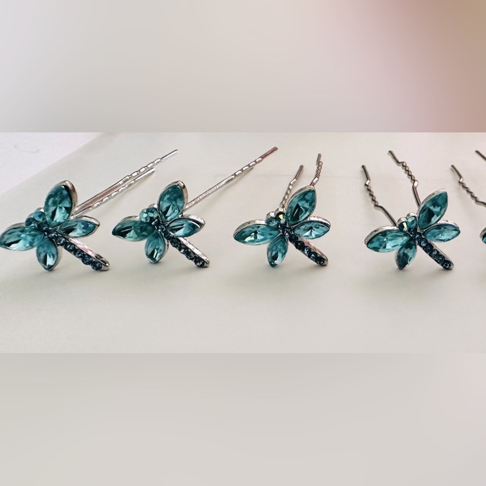 6PC. Butterfly  Turquoise Crystal and Blue Rhinestones Hair stick.